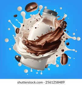 coffee Milk splash with Coffee Bean falling, 3d vector.Mesh gradient wes used
