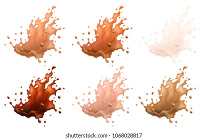Coffee and Milk Splashes Isolated on a White Background. 6 Variations