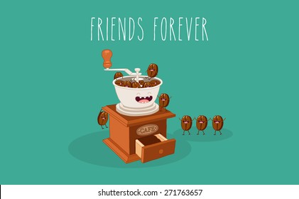 Coffee mill and coffee bean. Vector cartoon. Friends forever. Comic characters. You can use in the menu, in the shop, in the bar, the card or stickers. Easy to edit. 