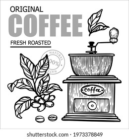 COFFEE MILL AND COFFEE BRANCH Design Of Stickers And Labels For Shop Of Dessert Drink Products In Vintage Style Hand Drawn Vector Illustration Set For Print