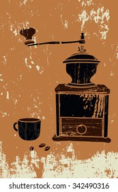 Coffee Mill and Cup with Beans on Grunge Background. Poster in Retro Style. Vector illustration.