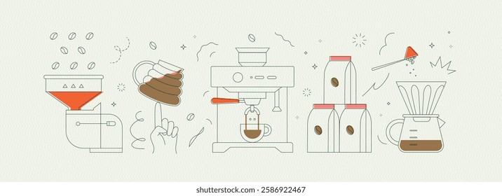 Coffee mill, cup, machine, pack, maker symbols drawing in modern linear art style on light background