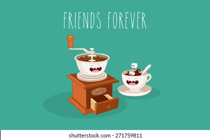 Coffee mill and cup of coffee. Vector cartoon. Friends forever. Comic characters. Use for the menu, in the shop, in the bar, the card or stickers. Easy to edit.