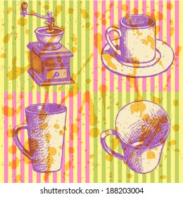 Coffee mill and cups, vector sketch pattern 