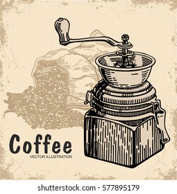 Coffee mill, Hand drawn coffee collection. Vintage coffee grinder, grunge frame, monochrome.vector illustration, sack. Bag of coffee. 