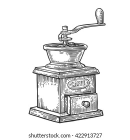 Coffee mill. Hand drawn sketch style. Vintage black vector engraving illustration for label, web.  Isolated on white background.