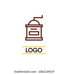 Coffee mill logo illustration. Single flat icon for your business. Company identity. Simple and minimalistic style. Advertising or web startup symbol design. Vector isolated sign in neutral colors.