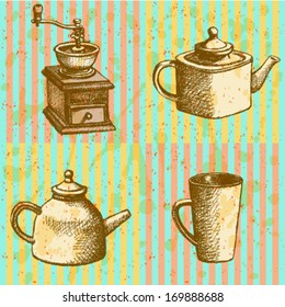 Coffee mill, teapot and cup, vector sketch pattern - Shutterstock ID 169888688