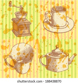 Coffee mill, teapot and cup, vector sketch pattern 