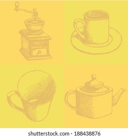 Coffee mill, teapot and cup, vector sketch pattern 