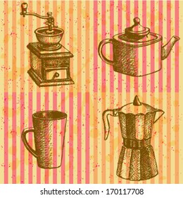 Coffee mill, teapot, geyser coffee maker and cup, vector sketch pattern