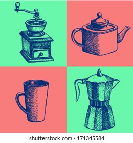 Coffee mill, teapot, geyser coffee maker and cup, vector sketch pattern