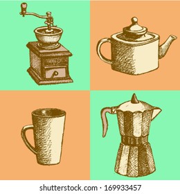 Coffee mill, teapot, coffee maker and cup, vector sketch pattern