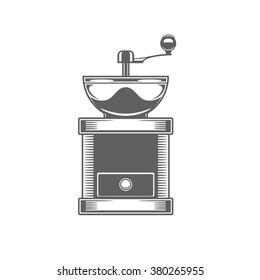 Coffee Mill Vector Illustration. Grinder Silhouette Isolated On White Background. Vector object for Labels, Badges, Logos Design. Coffee Logo, Mill Logo, Grinder Symbol, Retro Logo, Grinder Icon.