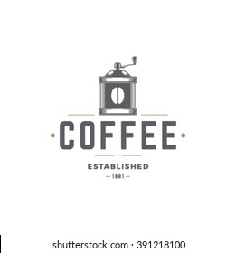 Coffee Mill Vector Illustration. Grinder Silhouette Isolated On White Background. Vector object for Labels, Badges, Logos Design. Coffee Logo, Mill Logo, Grinder Symbol, Retro Logo, Grinder Icon.