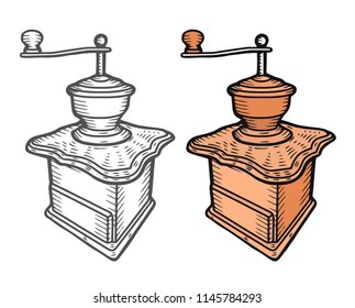 Coffee mill. Vintage black vector engraving illustration for label, web. Isolated on white background. Hand drawn sketch style.
