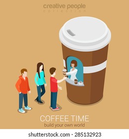 Coffee mini sales point concept flat 3d web isometric infographic concept vector. Line of customers waiting for hot beverage near stylish street paper cup building. Creative people collection.