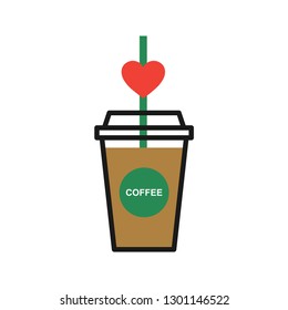 Coffee with mini-heart. Simple design, stroke outline style. Line vector. Isolate on white background.