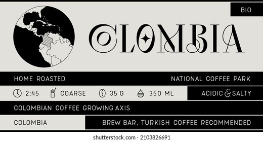 Coffee, minimal label. Set of modern coffee tag, label for brand, logo, sticker coffee shop. Template design minimal label, tag with text modern font Colombia. Typographic tag. Vector Illustration