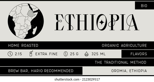 Coffee, minimal label. Set of modern coffee tag, label for brand, logo, sticker coffee shop. Template design minimal label, tag with text modern font Ethiopia. Typographic tag. Vector Illustration