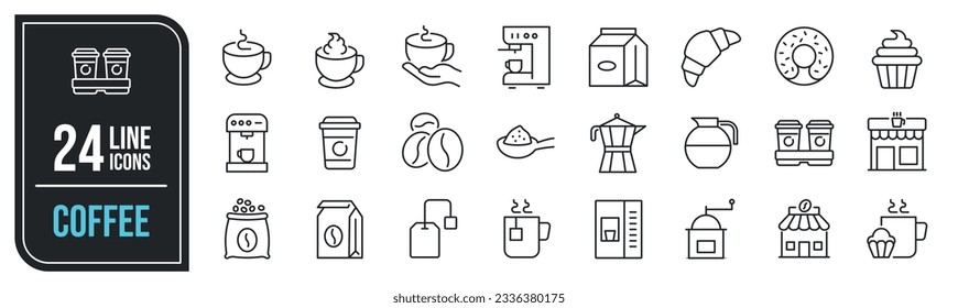 Coffee minimal thin line icons. Related tea, milk, teapot, breakfast. Vector illustration.