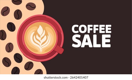 Coffee minimalism banner with coffee beans and cappuccino cup. Coffee advertising banner, landing page, invitation.