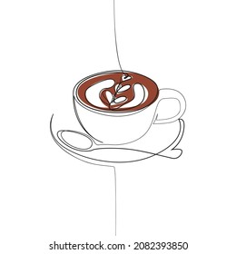 Coffee minimalist vector drawing in continuous line art style. Cup of cappuccino on a saucer with a spoon.