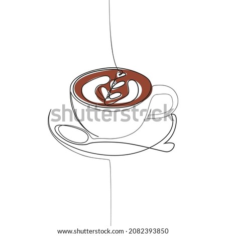 Coffee minimalist vector drawing in continuous line art style. Cup of cappuccino on a saucer with a spoon.
