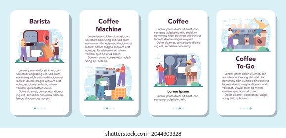 Coffee mobile application banner set. Barista making a cup of hot coffee in coffee machine. Energetic tasty beverage for breakfast with milk. Cuppuccino to go cup. Flat vector illustration