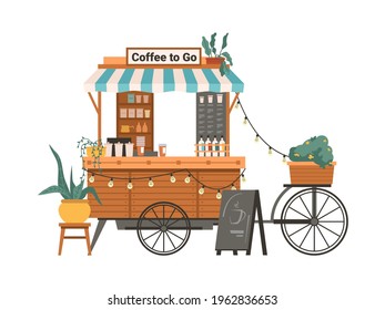 Coffee mobile bike kiosk isolated small takeout takeaway shop. Vector street food cart with awning, trolley small market on wheels with hot drinks and beverages. Potted plants and lamps garland