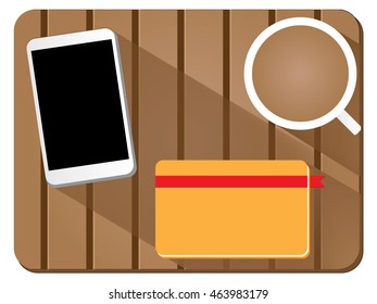 coffee mobile phone and notebook on wooden table vector