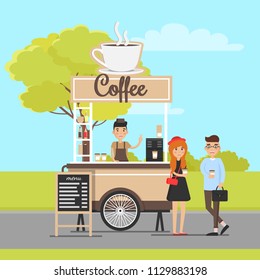 Coffee mobile van and cheerful couple in park, vector illustration of cart cafe outdoors, menu list and cup icon on top of shop, people with hot drinks