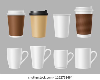 Coffee mockup cups. Blank white and brown mugs for hot coffee. Realistic vector template of paper and ceramic cups. Coffee mug and cup drink, hot espresso beverage illustration