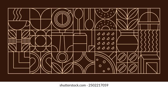 Coffee modern geometric pattern in mosaic line tiles, vector background. Coffee cup and moka pot with cappuccino and espresso, coffee beans and hot chocolate in geometric pattern on brown background