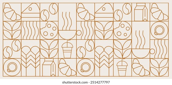 Coffee modern geometric pattern in mosaic line tiles, vector background. Coffee cup and moka pot with cappuccino and espresso, coffee beans and hot chocolate in geometric pattern 