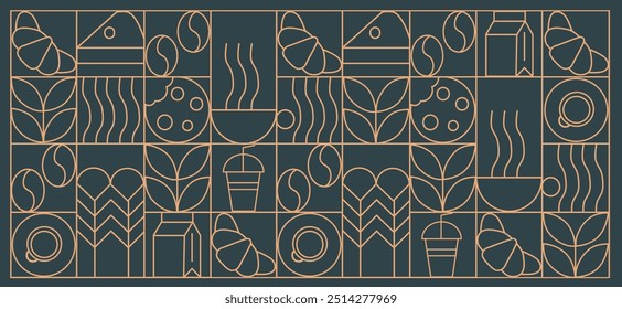 Café padrão geométrico moderno em mosaico telhas de linha, fundo vetorial. Xícara de café e pote de moka com cappuccino e café expresso, grãos de café e chocolate quente em padrão geométrico 