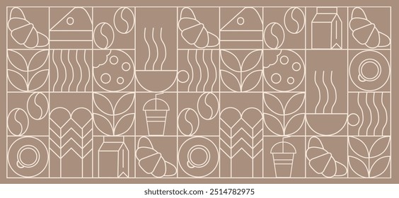 Coffee modern geometric pattern in mosaic line tiles, vector background. Coffee cup and moka pot with cappuccino and espresso, coffee beans and hot chocolate in geometric pattern 