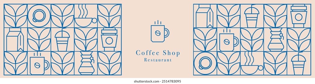 Patrón geométrico moderno del café en azulejos de la línea del mosaico, fondo del Vector. Taza de café y moka con capuchino y espresso, granos de café y chocolate caliente en patrón geométrico. Anuncio de Web.