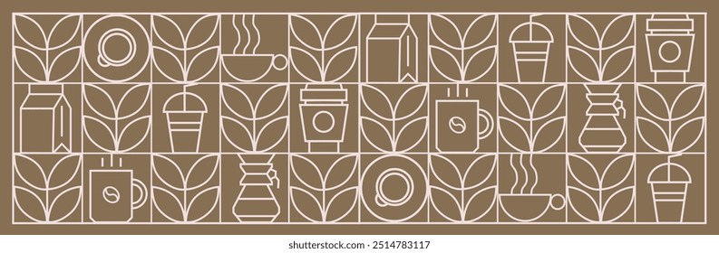 Coffee modern geometric pattern in mosaic line tiles, vector background. Coffee cup and moka pot with cappuccino and espresso, coffee beans and hot chocolate in geometric pattern 
