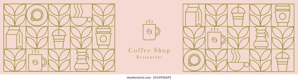 Café padrão geométrico moderno em mosaico telhas de linha, fundo vetorial. Xícara de café e pote de moka com cappuccino e café expresso, grãos de café e chocolate quente em padrão geométrico. Banner da Web.