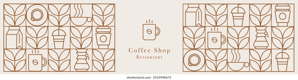 Kaffee modernes geometrisches Muster in Mosaik-Linien-Fliesen, Vektorhintergrund. Kaffeetasse und Mokakanne mit Cappuccino und Espresso, Kaffeebohnen und heißer Schokolade im geometrischen Muster. Webbanner.