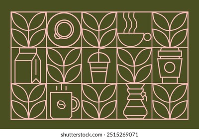 Patrón geométrico moderno del café en azulejos de la línea del mosaico, fondo del Vector. Taza de café y moka con capuchino y espresso, granos de café y chocolate caliente en patrón geométrico 