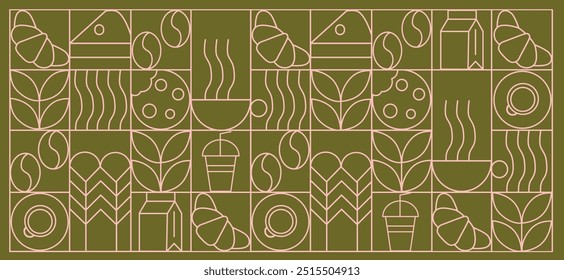 Coffee modern geometric pattern in mosaic line tiles, vector background. Coffee cup and moka pot with cappuccino and espresso, coffee beans and hot chocolate in geometric pattern 
