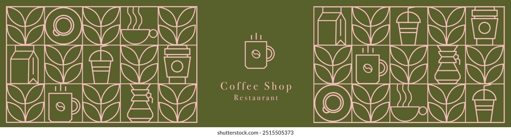 Patrón geométrico moderno del café en azulejos de la línea del mosaico, fondo del Vector. Taza de café y moka con capuchino y espresso, granos de café y chocolate caliente en patrón geométrico. Anuncio de Web.
