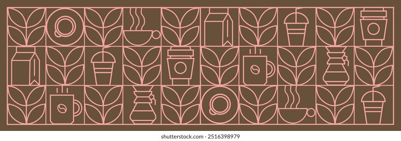 Coffee modern geometric pattern in mosaic line tiles, vector background. Coffee cup and moka pot with cappuccino and espresso, coffee beans and hot chocolate in geometric pattern 