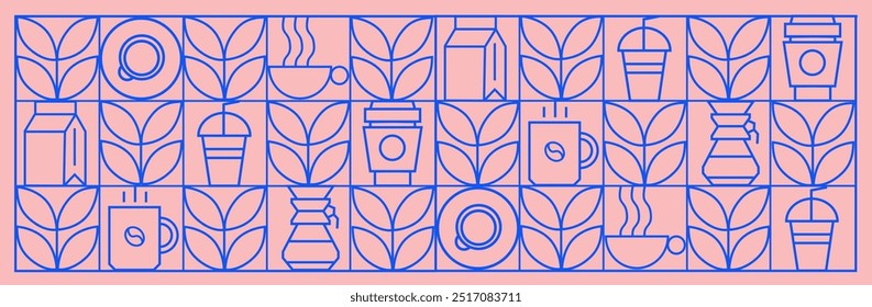 Café padrão geométrico moderno em mosaico telhas de linha, fundo vetorial. Xícara de café e pote de moka com cappuccino e café expresso, grãos de café e chocolate quente em padrão geométrico 
