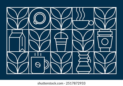 Coffee modern geometric pattern in mosaic line tiles, vector background. Coffee cup and moka pot with cappuccino and espresso, coffee beans and hot chocolate in geometric pattern 