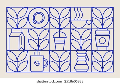 Kaffee modernes geometrisches Muster in Mosaik-Linien-Fliesen, Vektorhintergrund. Kaffeetasse und Mokakanne mit Cappuccino und Espresso, Kaffeebohnen und heißer Schokolade im geometrischen Muster 