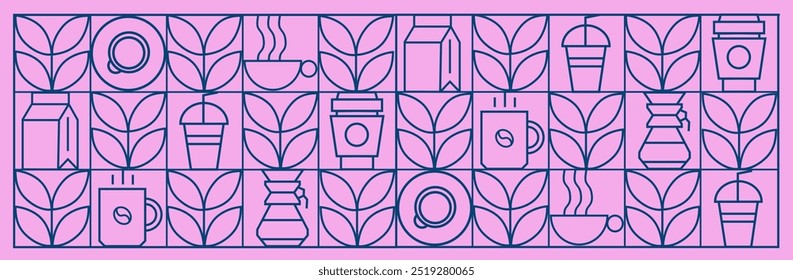 Coffee modern geometric pattern in mosaic line tiles, vector background. Coffee cup and moka pot with cappuccino and espresso, coffee beans and hot chocolate in geometric pattern 
