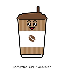 Coffee in modern plastic mug with happy facial expression emoticons, best for mascot or logo of coffee shop business